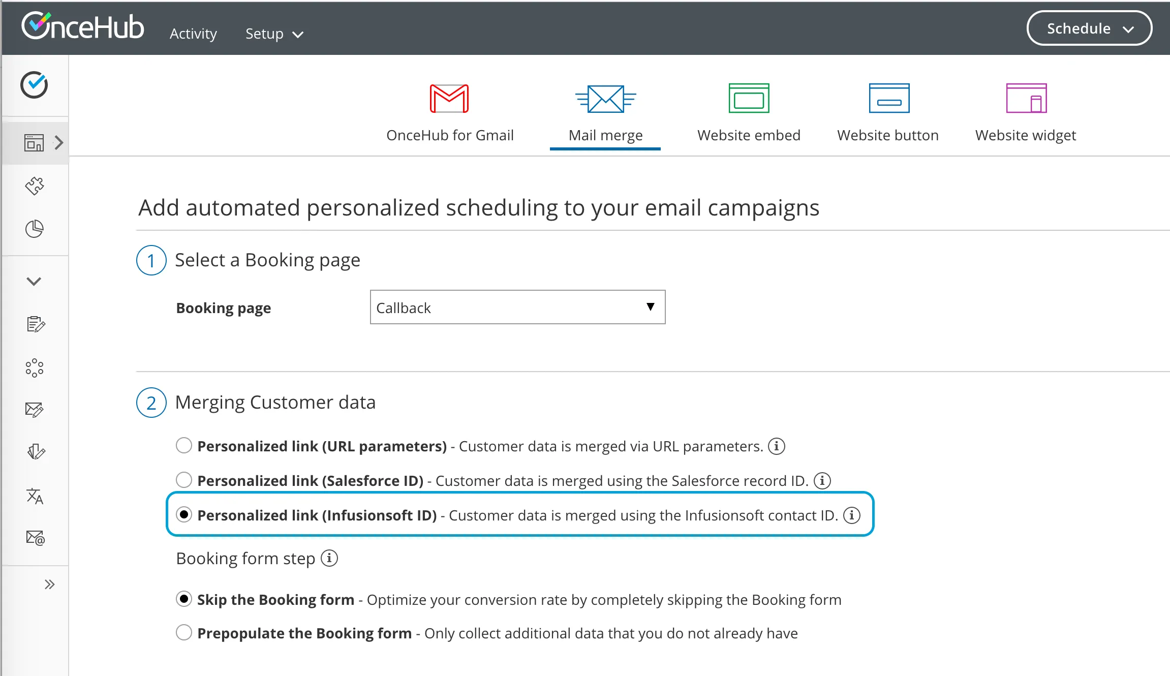 Figure 1: Selecting the Infusionsoft ID personalized link option